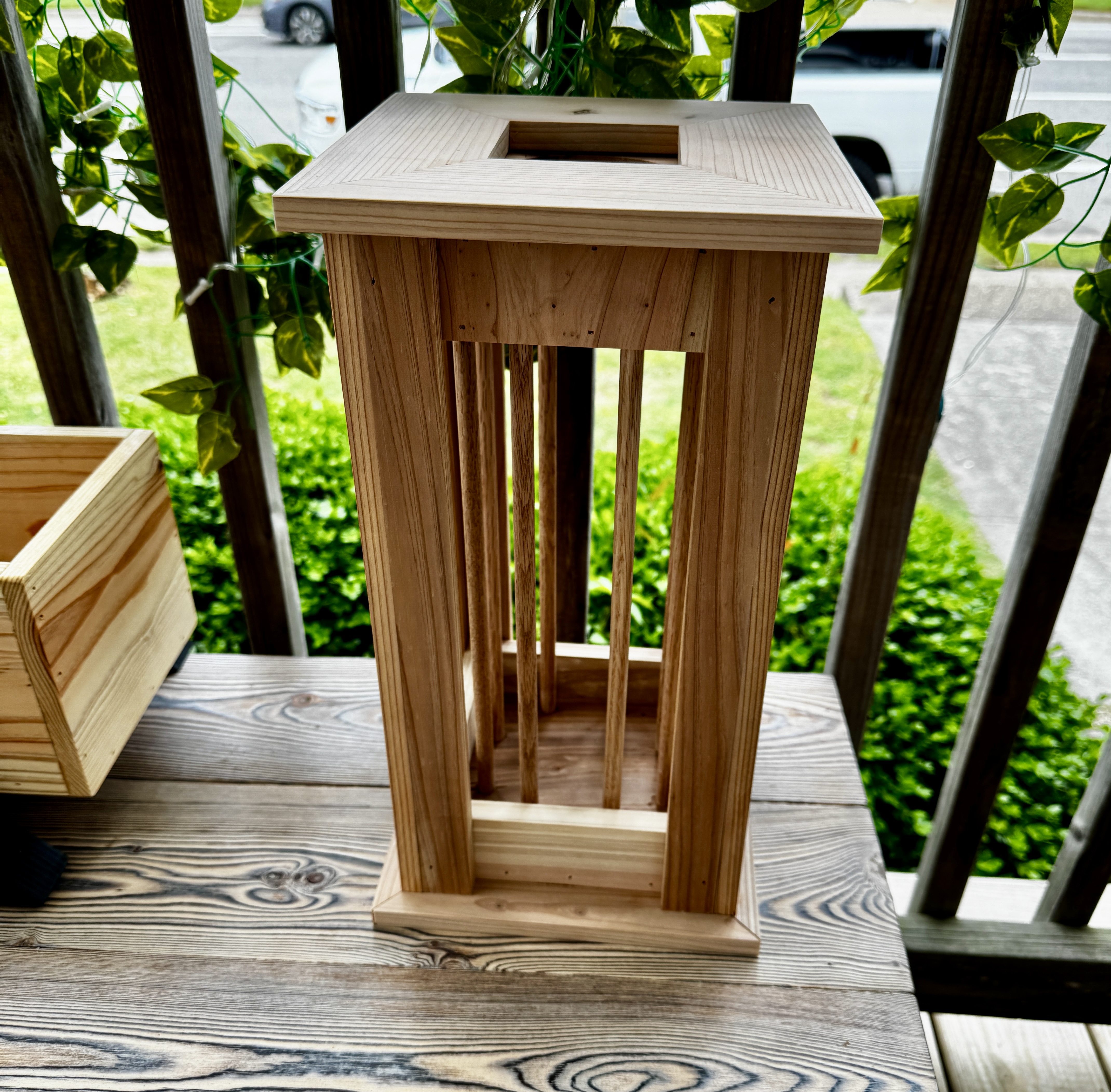 Cedar lantern, Mission style, on porch