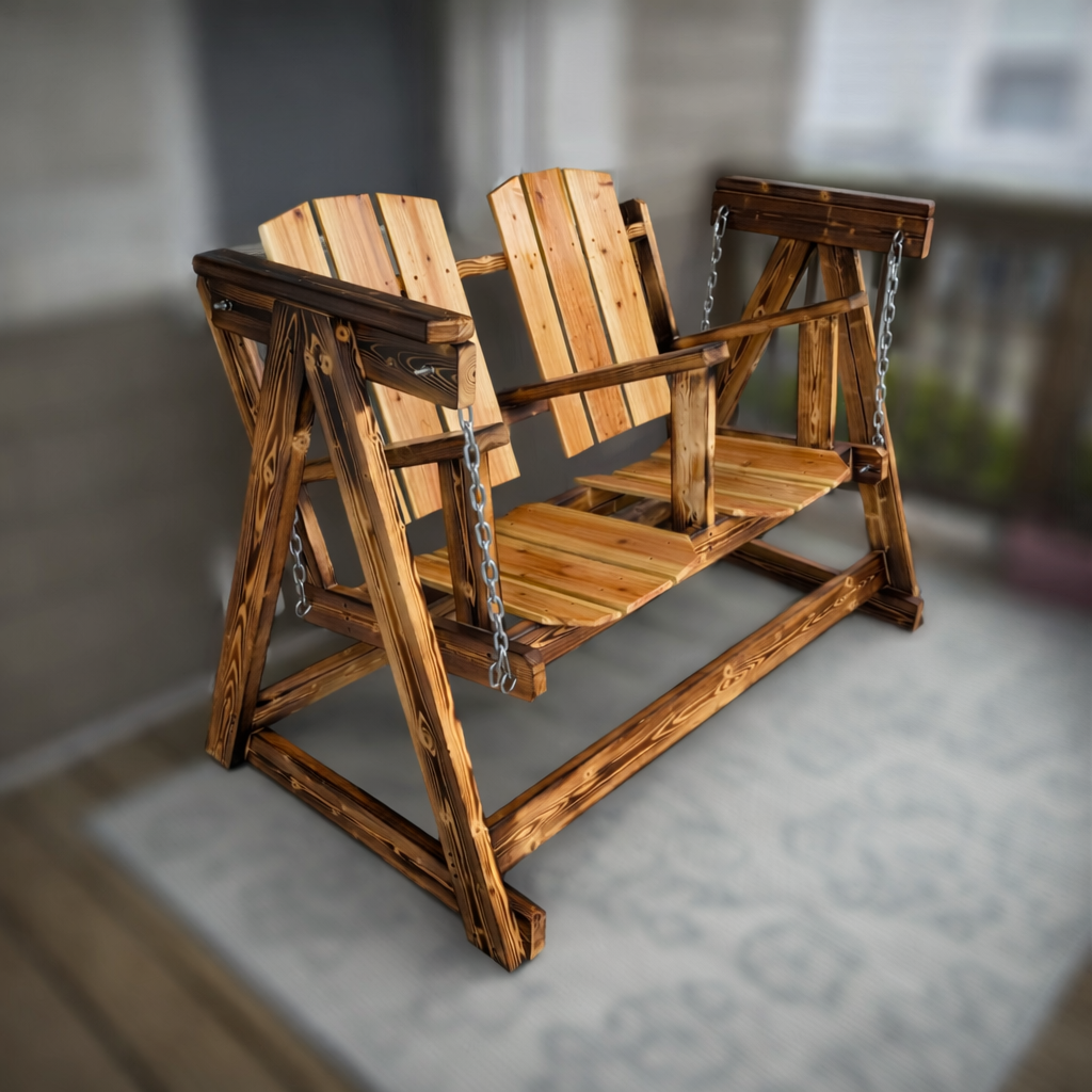 Double porch glider with shou sugi ban frame