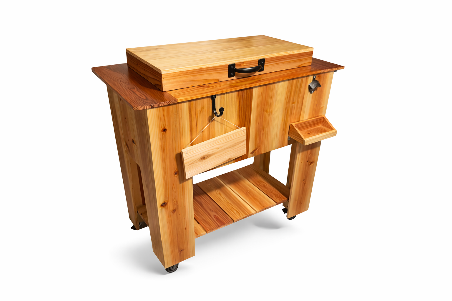 Rolling cedar cooler cart with bottle opener and side caddy