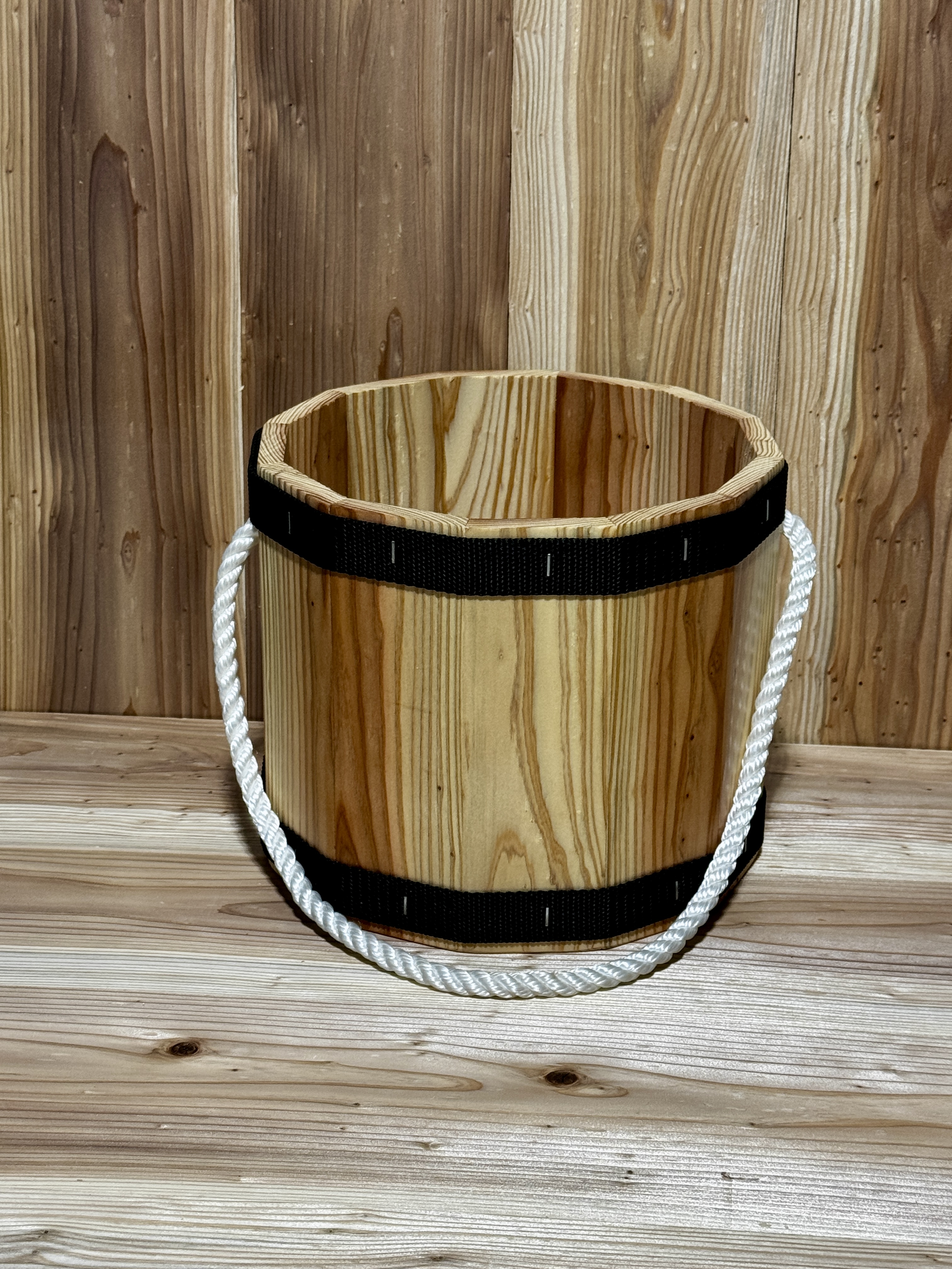 Coopered cedar bucket with rope handle